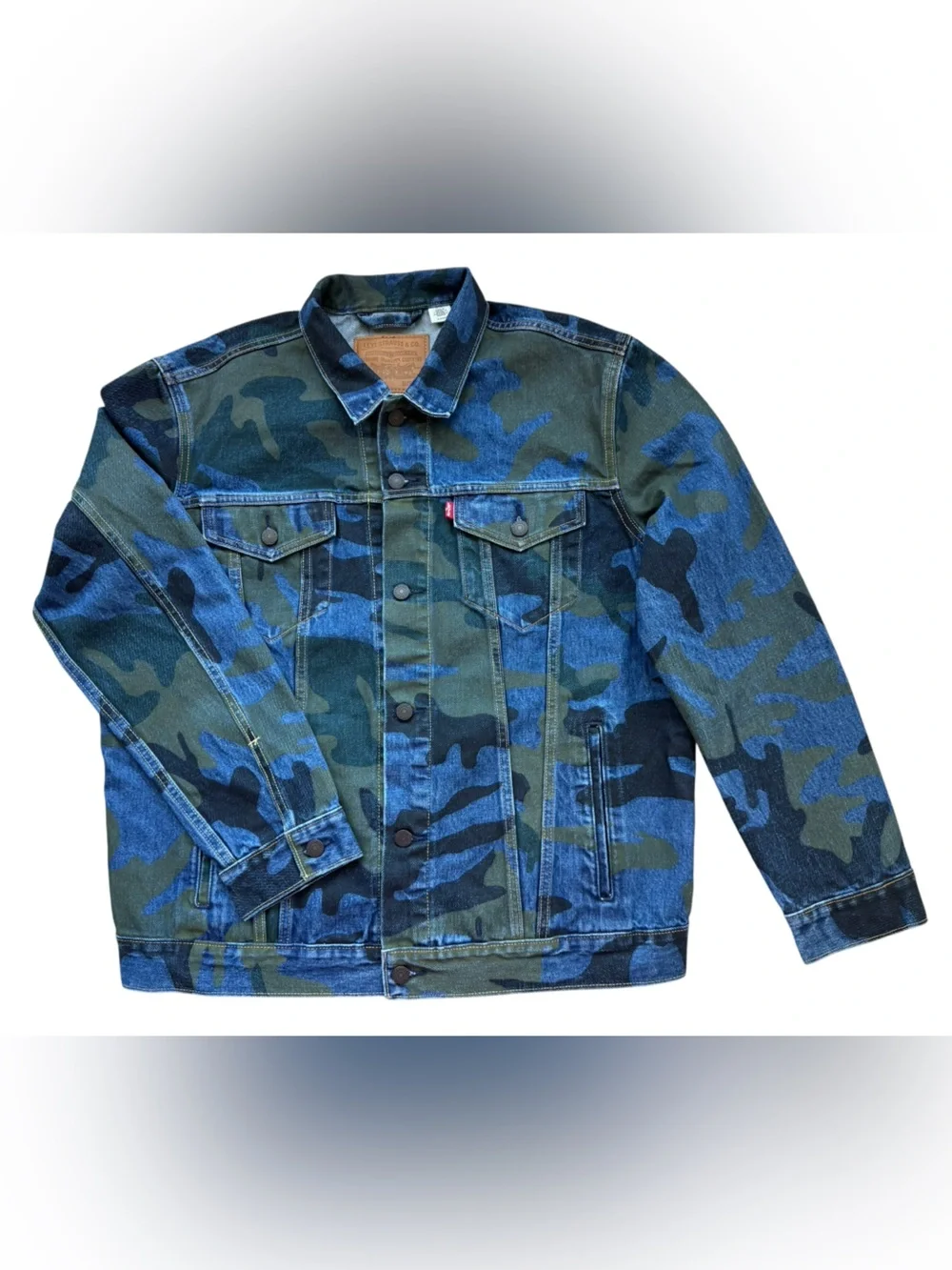 Levis Premium Camo Trucker Denim Jean Jacket Mens XL Blue Green Big E